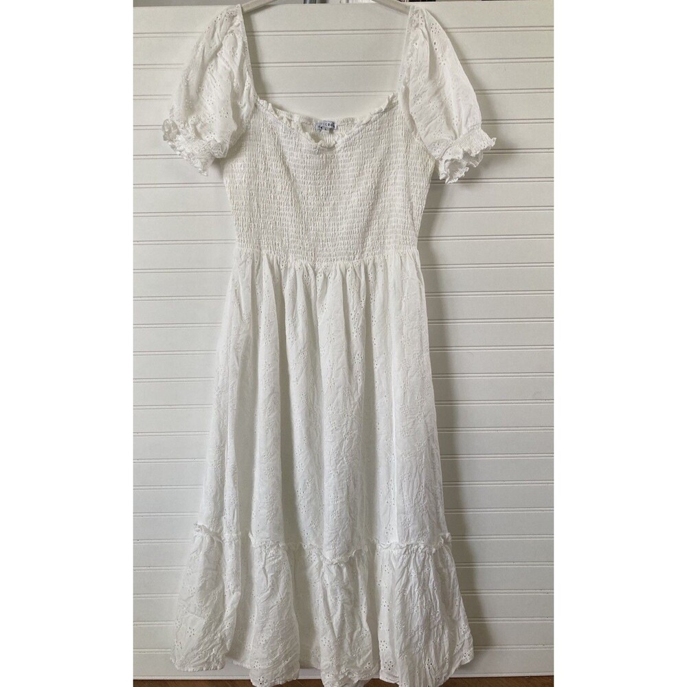 Baltic Born Eyelet Dress LARGE White Puff Sleeve Smocked Cottage Boho